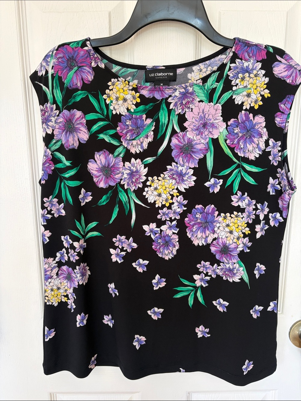 Liz Claiborne Black Tank Top with Purple Floral Print